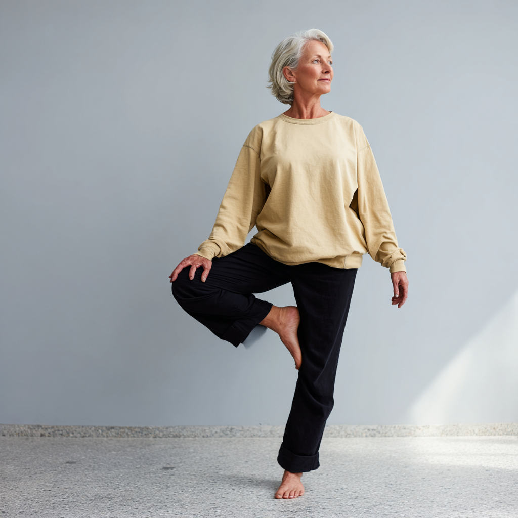 Older adult practicing balance exercise on one leg with calm focus